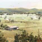 After the rain, North Richmond, watercolor painting of ponds and farmland