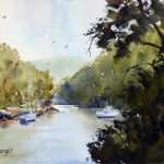 Berowra Waters afternoon plein air watercolor painting of boats and green hillsides covered in trees.