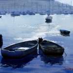 Two row boats on blue water. Watercolor painting by Joe Cartwright