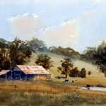 Old farm sheds near pond watercolor painting