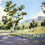 Capertee Valley Farmland Trees Cliffs and strong light watercolor painting