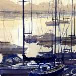 Coffs Harbor sailing boats at sunrise watercolor painting. Golden colors, sparkle on water with reflections of boats.