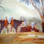 Cows On Hill watercolor landscape painting. Some cows standing and some sitting.