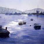 Early morning Pittwater, Sydney, NSW watercolor painting. Row boats in foreground sailing boats in distance.