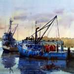 Fishing boats watercolor painting. Fishing tackle and rusty blue boat.