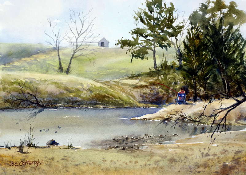 Watercolor painting of someone fishing on the Nepean River by Joe