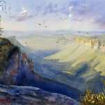 From Anvil Rock, Blue Mountains, watercolor painting. View down Grose Valley