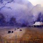 Going Home - Glen Davis watercolor painting of homestead in the last daylight with smoking chimney