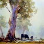 Gum Tree with cow in morning light watercolor painting