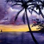 Hawaiian sunset watercolor painting. Palm trees in front with sailing boat in distance.