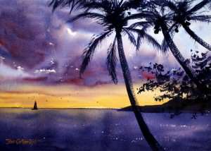 Hawaiian sunset watercolor painting. Palm trees in front with sailing boat in distance.