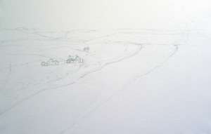 Initial drawing for Freeman's Reach watercolor landscape demonstration