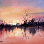 Lake Bonney red sunset watercolor painting. Dark tree silhouettes and soft reflections