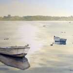 Lake Macquarie boats and birds watercolor painting. Detail of tin boat with swallows sitting on it in calm water.