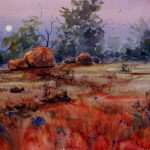 Outback Australia rising moon watercolor painting