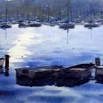 Pittwater row boats, Sydney, NSW watercolor painting. Glitter on water with tin boats. Mainly blue colors used.