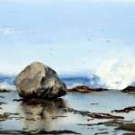 Rocks and waves watercolor painting. Large boulder with its reflection on wet rocks with wave crashing.