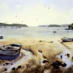 Salamander bay Port Stephens boats on sand watercolor painting. Puddles in sand with sky reflection.