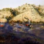 Sofala sunset with smoke haze watercolor painting. Golden light on hills above the town.