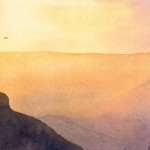 Sunrise over The Three Sisters watercolour painting by Joe Cartwright. Warm colors.