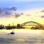 Sydney Harbor golden sunset watercolor painting. Shows Harbor Bridge and Opera House with sail boat in foreground