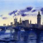 Thames sunset watercolor painting. Towards Big Ben and Houses of Parliament