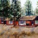 Log cabin and pine trees watercolor painting