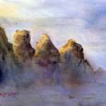 The Three Sisters, Blue Mountains, NSW. Watercolor painting of mist and light.
