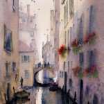 Venice backstreet canal watercolor painting. Colors are browns and greys.