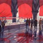 Venice Fish Markets watercolor painting. Bright red awnings are the feature of this artwork.