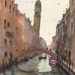 Venice Leaning Tower watercolor painting, gondola and other boats in canal with brigde