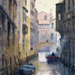 Venice canal with smokey motor boat watercolor painting