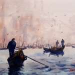 Venice fog haze watercolor painting. Gondolas, soft building shapes in distance and blue green water