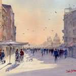 Venice from Via Garibaldi watercolor painting. Orange sunlight hitting Santa Maria Della Salute church in the distance. Large crowds of people.