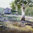 Watercolor painting old shed in the morning with strong shadows