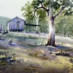 Watercolor painting old shed in the morning with strong shadows
