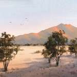 West MacDonnell Ranges at Sunset watercolor painting. Glow on hills.