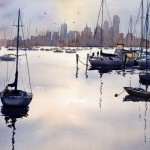 Williamstown sunrise boats on calm water. Watercolor painting.