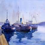 Working boats at Eden NSW watercolor painting. Tugs, research vessels, and fishing boats beside pier.