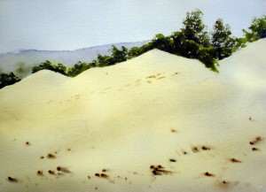 Watercolor painting of sand dunes before shadows
