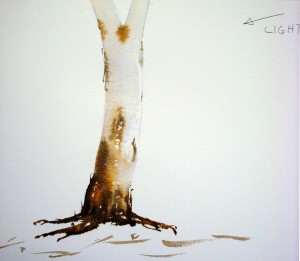 Finishing the trunk of the eucalyptus tree with watercolor paint