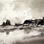 Narooma and Glass House Rocks pen ink and brush painting