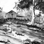 Old shearing shed in pen ink and wash by Joe Cartwright