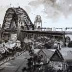 The Rocks, Sydney, from Observatory Hill pen and ink painting. Habor Bridge above The Rocks area.