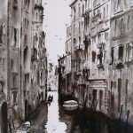 Venice canal in pen and ink. Black and white painting.