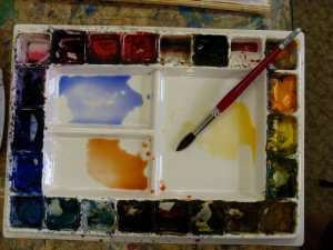 painting gum tree trunk initial watercolor mixtures in watercolor palette