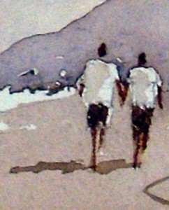 Figuras de pintura com tinta aquarela caminhava por uma praia de areia