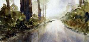 pintura em aquarela de encostas verdes na chuva, neblina e nevoeiro