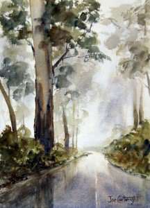 Pintura reflexões sobre estrada Mt Hotham, Victoria.  Pintura acabada aquarela.