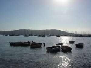 Barcos a remo e barcos à vela em Pittwater, Sydney, Austrália